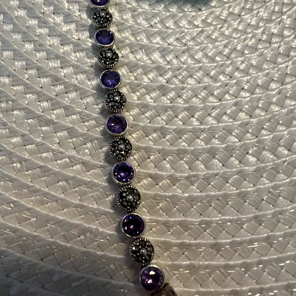 Sterling Silver Purple Amethyst n Marcasite Gemstone Bracelet - Picture 7 of 9